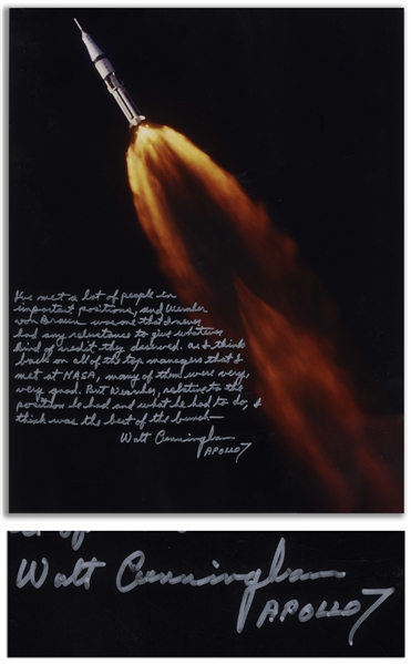 Walter Cunningham Signed 16'' x 20'' Photo With Personal Message Honoring Wernher von Braun -- ''...Wernher von Braun...was the best of the bunch...''